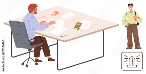 Man seated at a desk organizing documents, accompanied by a standing bystander and alert icon. Ideal for teamwork, caution, productivity, organization, workspace, planning, simple flat metaphor