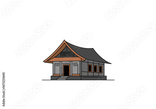 Flat clean vector illustration of Rumah Adat Joglo, the traditional house of Central Java, Indonesia. Simple, modern, and colorful flat style, suitable for infographics, posters, educational materials