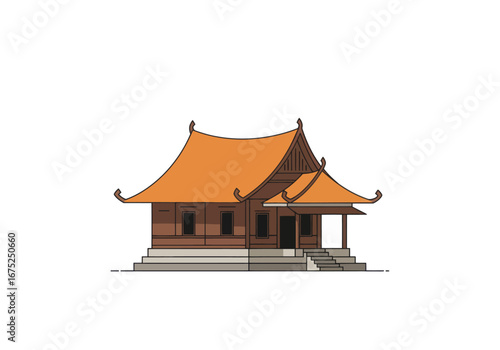 Flat clean vector illustration of Rumah Adat Joglo, the traditional house of Central Java, Indonesia. Simple, modern, and colorful flat style, suitable for infographics, posters, educational materials