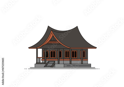 Flat clean vector illustration of Rumah Adat Joglo, the traditional house of Central Java, Indonesia. Simple, modern, and colorful flat style, suitable for infographics, posters, educational materials
