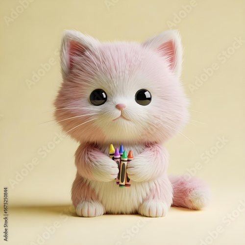 3D Pink Fluffy Cat with Crayons.