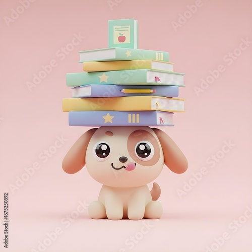 3D Puppy with a stack of colorful books on its head.