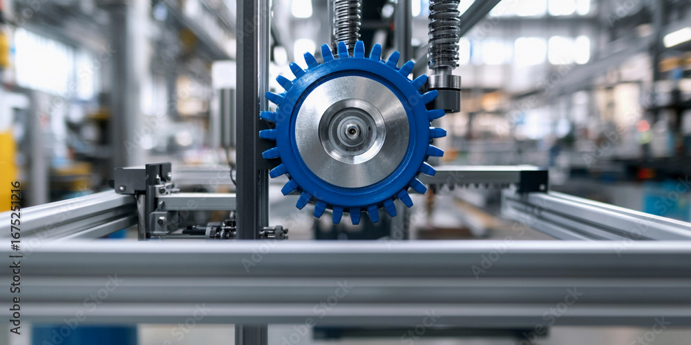 Fototapeta premium Industrial machine with blue gear in factory setting Generative AI