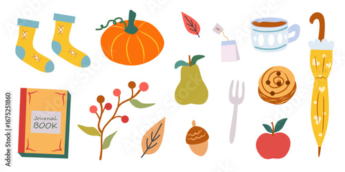 Wallpaper Mural Autumn vector elements set. Cozy fall stickers. Leaves, pumpkin, book, umbrella, fruits, coffee, socks, tea. The inscription hello fall. Isolated background. Illustration in the hand drawn style. Torontodigital.ca