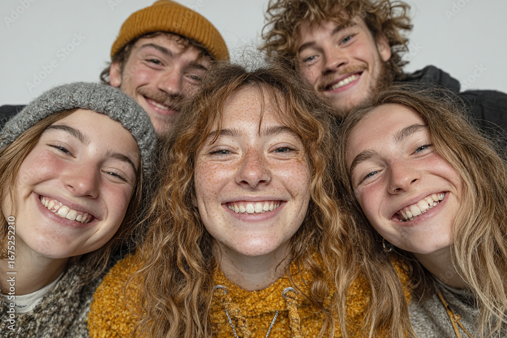 Fototapeta premium Group of smiling young people wearing cozy winter clothing, including hats and sweaters, pose closely together, exuding warmth and happiness