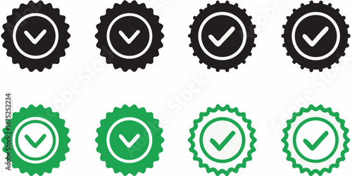 Collection of black and green checkmark badges and award seals with jagged edges