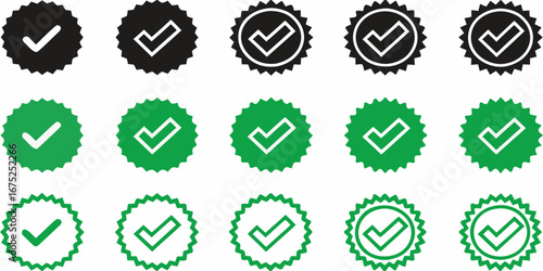Collection of green and black checkmark badges and icons representing approval and verification