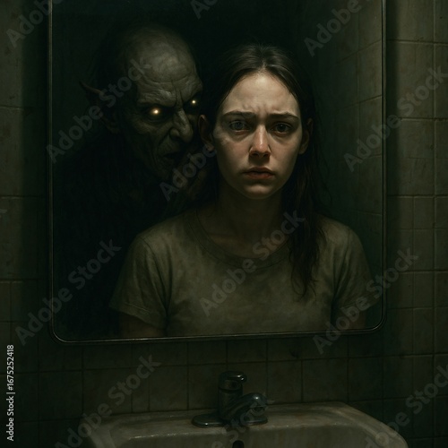 Terrified Woman Looking in Mirror with Demonic Whispering Reflection in Realistic Horror Atmosphere
