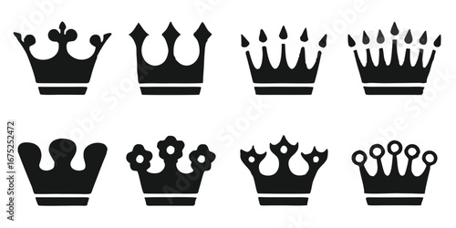 Collection of eight diverse black silhouette crown icons with varied designs and embellishments on a black background