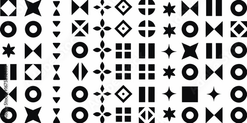 Seamless pattern of abstract geometric shapes and symbols in a repeating grid layout