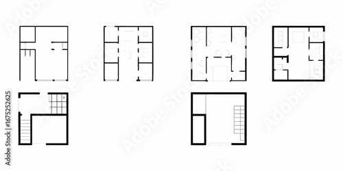 Collection of minimalist architectural floor plans with simple line drawings of rooms and furniture