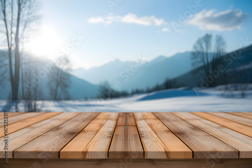 rustic wooden table, snowy mountains, pine trees, sunlight, blue sky, winter landscape, atmospheric, cinematic, detailed, high quality