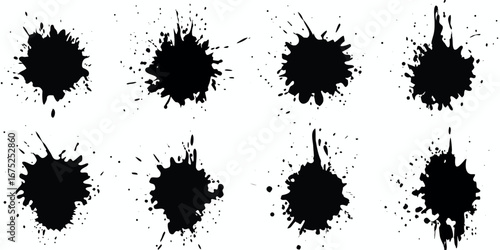 Eight unique black ink splatters and splashes on a white background