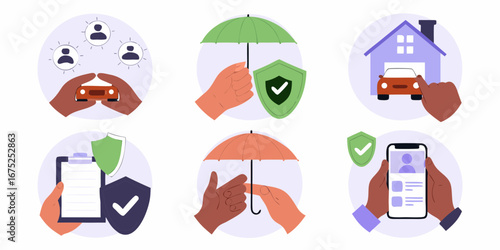 Collection of illustrations depicting various insurance concepts and services with hands and protective symbols