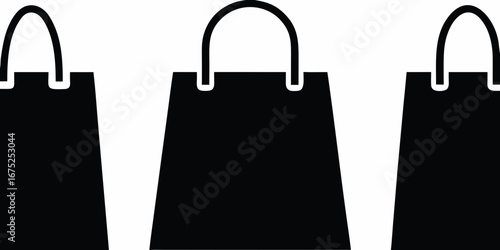 Three simple black shopping bag icons with handles on a white background