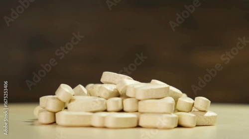 vitamin and supplements pills is visible on a wooden table. The setting is indoor with a calm atmosphere, emphasizing the health aspect of the supplements.