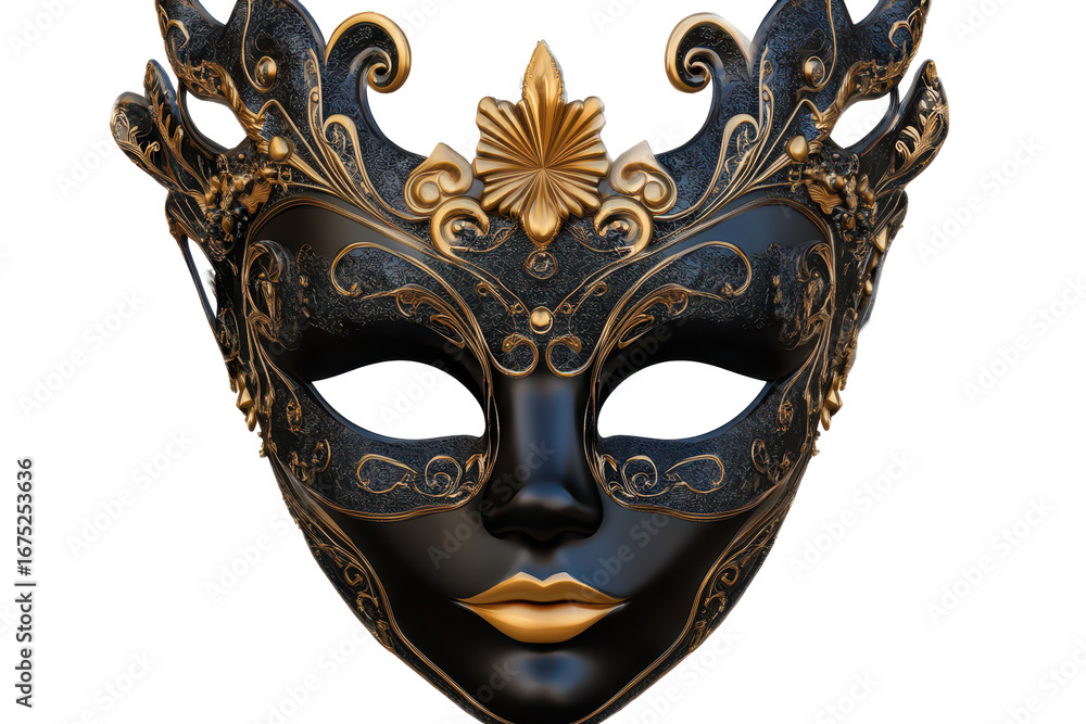 Naklejka premium Elegant black carnival mask with ornate golden details, perfect for masquerade balls or festive celebrations
