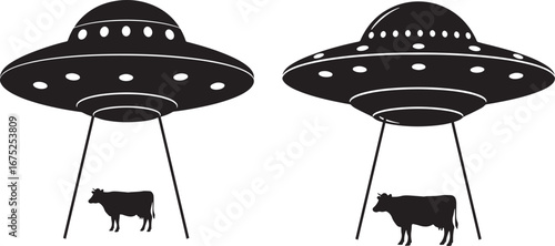 Two ufos abducting cows silhouette