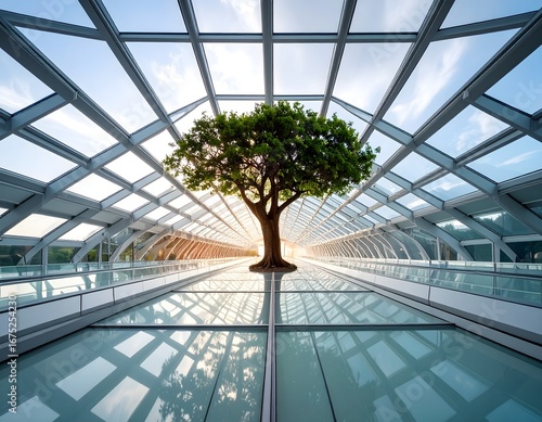 Conceptual image of environmental sustainability and green technology, featuring a solitary tree growing inside a futuristic glass and steel tunnel