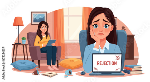 Young Woman Crying After Receiving Rejection, Seeking Emotional Support and Mental Health Help from a Therapist