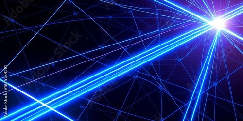 Intricate network of intersecting blue laser beams in dark space, optical, technology