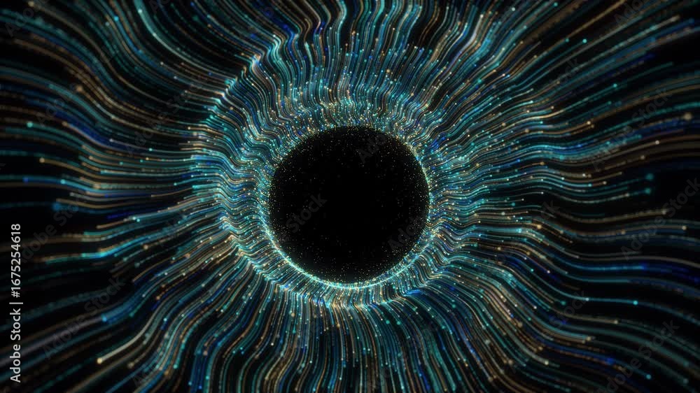 Abstract motion multiple colored light flares moving out waving energy lines forming circular vortex effect. glowing streaks creates futuristic digital tunnel illusion for sci-fi or technology visuals