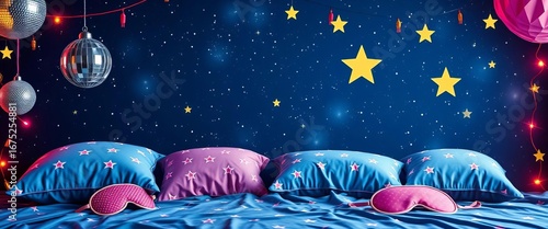 Pajama party invitation postcards featuring disco balls, pillows, sleep masks, and stars on a night sky background,  shine,  ball