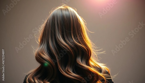 Long, glossy, wavy hair flipped back under bright studio lighting,  product photography,   marketing