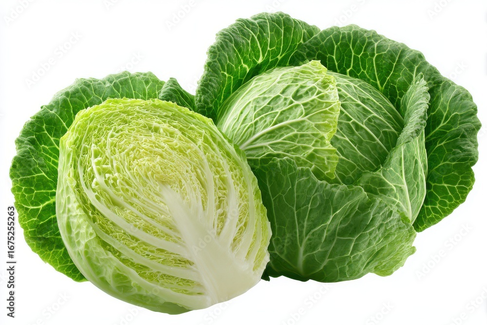Fototapeta premium Two fresh green cabbages with crinkled leaves isolated on a white background showcasing healthy organic produce