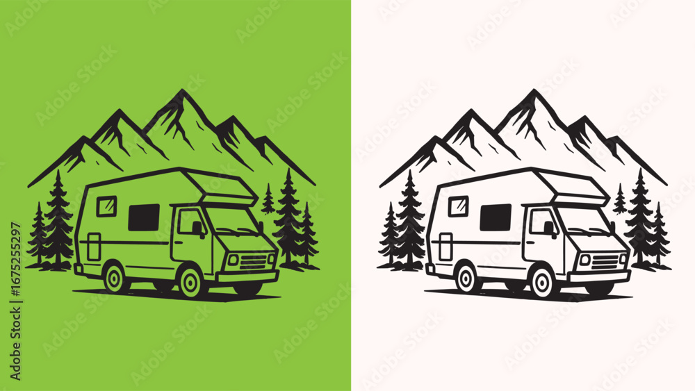 Obraz premium Camper Van with Mountain and Pine Trees Illustration in Black and White