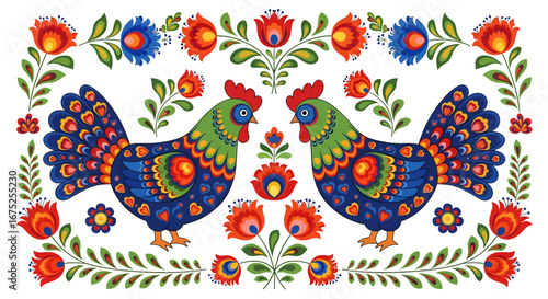 A vibrant Polish folk art design featuring two symmetrical roosters in brilliant colors. Surrounded by stylized floral motifs, this traditional pattern is cheerful, intricate, and full of life.