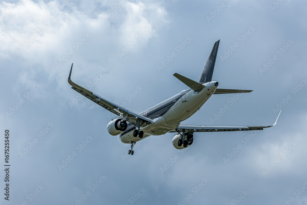 Obraz premium まぶしい夏の日差しの中で着陸するジェット機