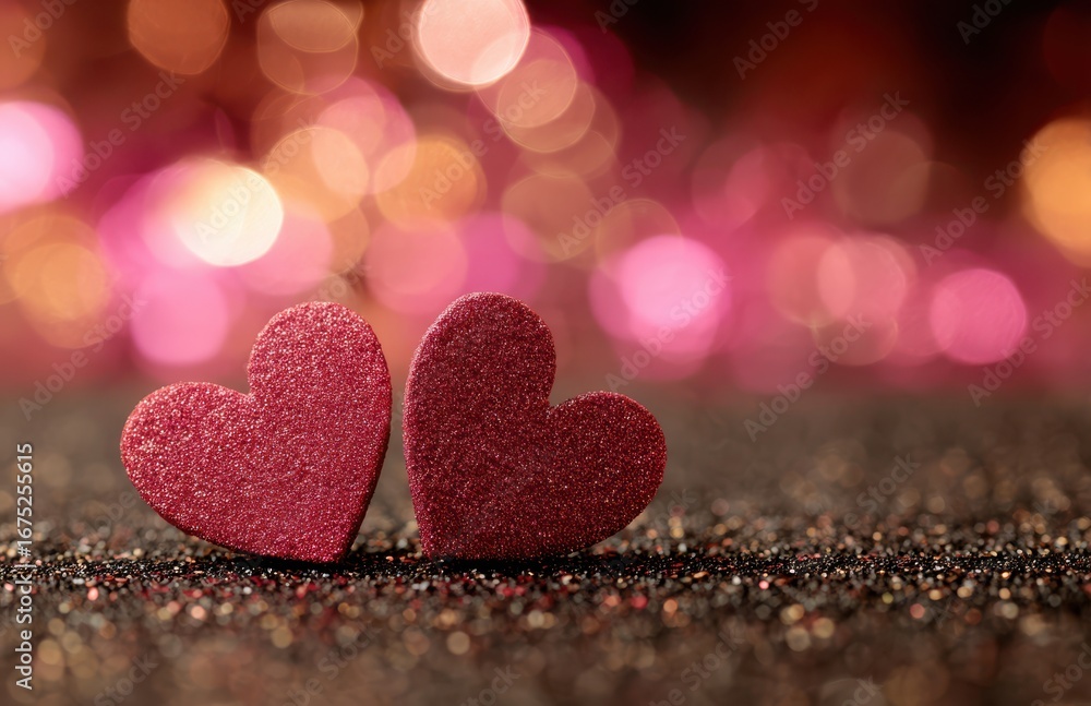 Obraz premium Two sparkling red glitter heart shapes resting on a textured surface with a soft bokeh background of pink and gold lights