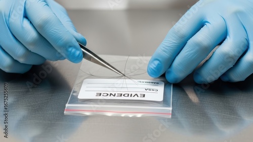 A forensic scientist in blue gloves using tweezers to place strands of hair into an evidence bag.