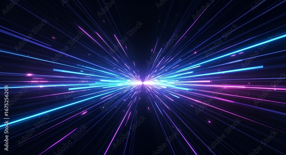 Fototapeta premium Futuristic abstract background with glowing neon light streaks in blue, purple, and pink. Dynamic forward motion effect, vibrant contrast, smooth gradient, and immersive depth.