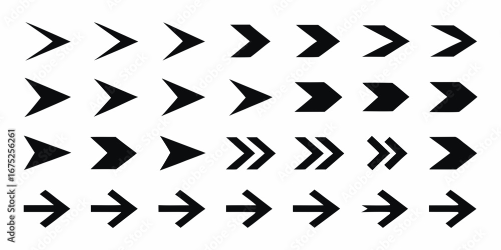 Collection of diverse black arrow icons pointing to the right on a white background Collection of diverse black arrow icons pointing to the right on a white background