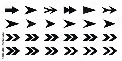 Collection of diverse black arrow icons and symbols pointing to the right on a white background