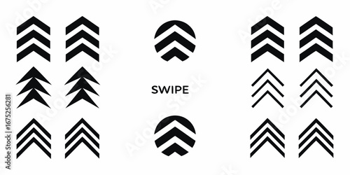 Collection of black chevron arrows and swipe icon on white background for digital interface and navigation