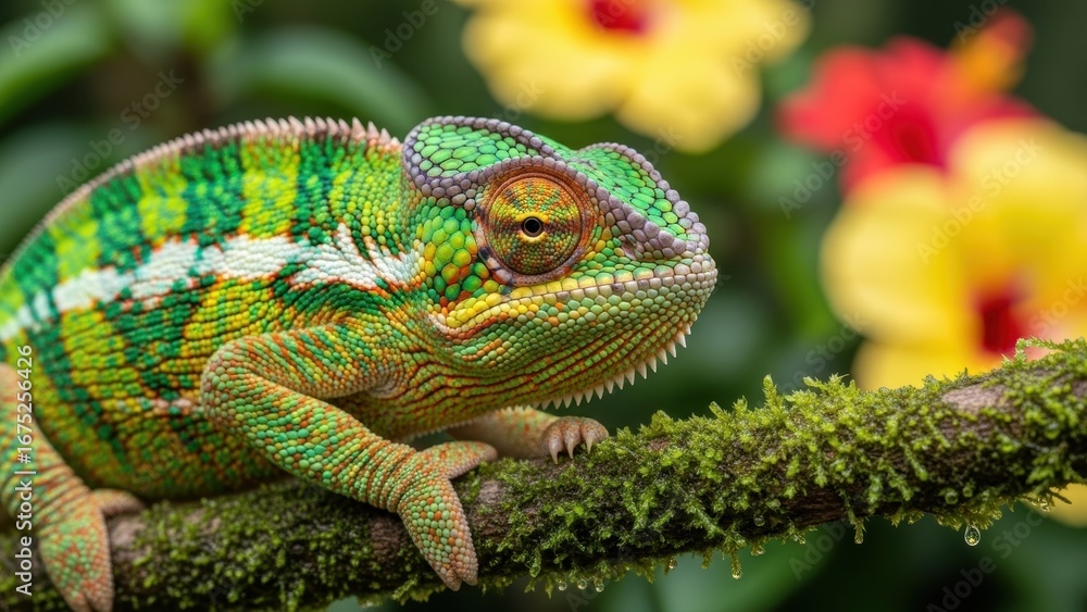 Obraz premium A colorful chameleon perched on a mossy branch with bright tropical flowers in the background.
