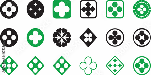 Collection of stylized four leaf clover and circular geometric icons in black and green