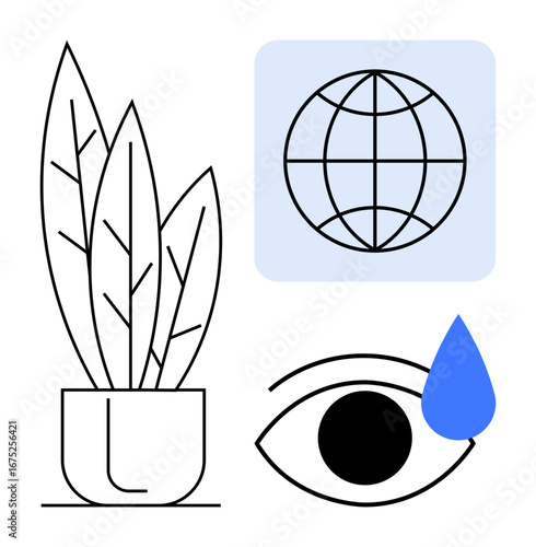 Minimalist elements including a leafy plant, globe, teardrop, and eye symbolizing sustainability, nature conservation, and world awareness. Ideal for environment, awareness, sustainability health