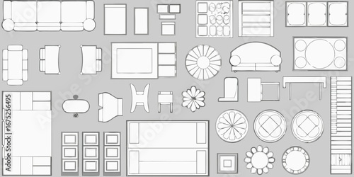 Top down view collection of furniture and home decor items in a blueprint style
