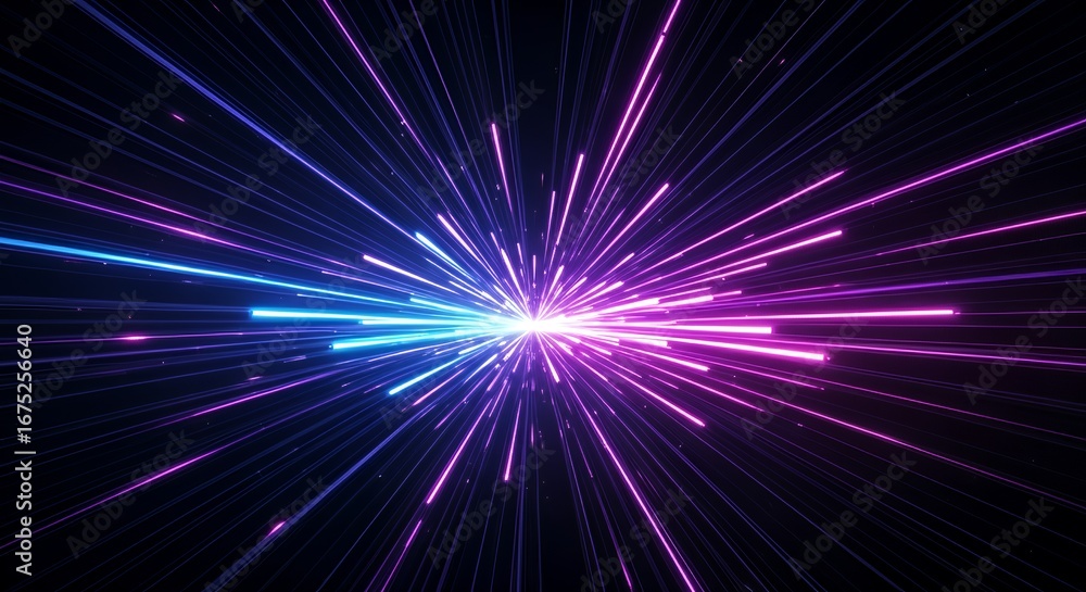 Fototapeta premium Futuristic abstract background with glowing neon light streaks in blue, purple, and pink. Dynamic forward motion effect, vibrant contrast, smooth gradient, and immersive depth.