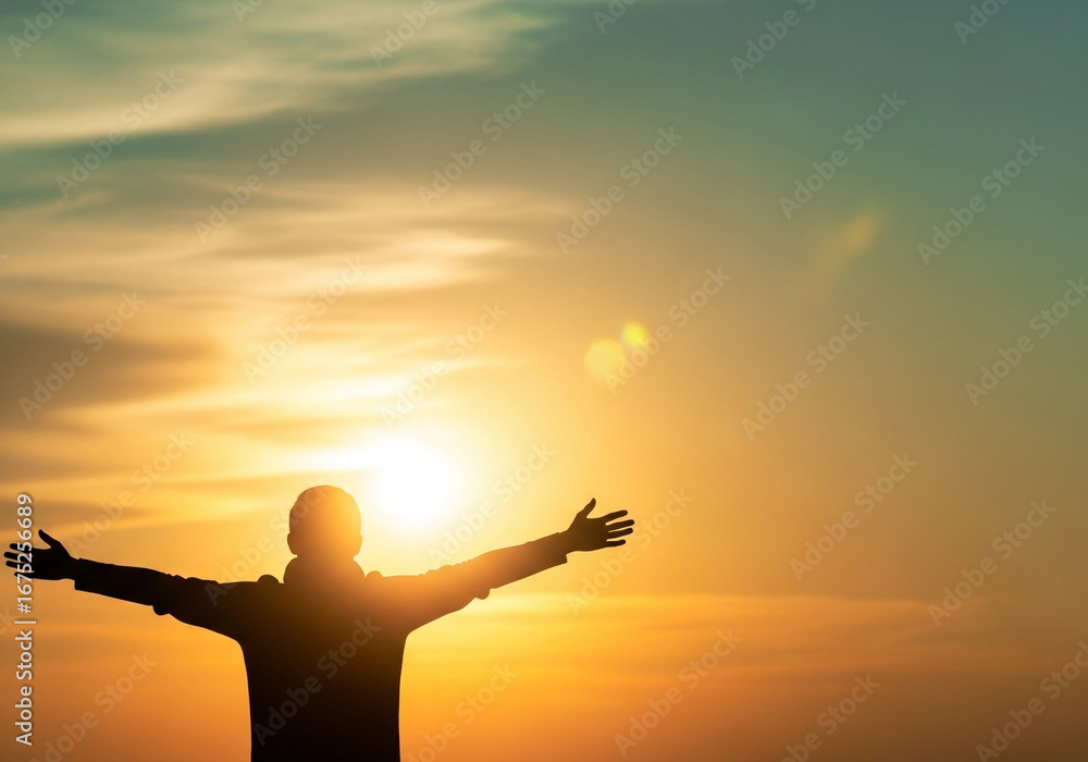 Fototapeta premium Radiant sky scene of a backlit silhouette with open arms and the sun behind its shoulders, expressing positivity and gratitude for wellness inspiration