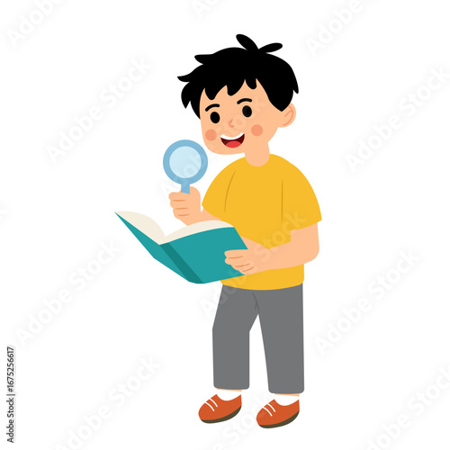 Boy  Kid Reading with Magnifying Glass
