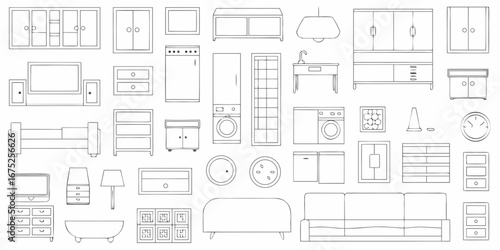 Collection of hand drawn furniture and home appliance line art icons for interior design and decor