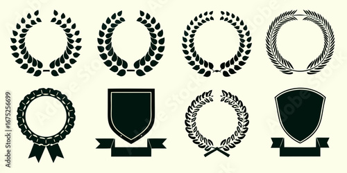 Collection of laurel wreaths ribbons and shields for awards and recognition