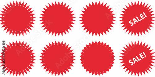 Set of eight red starburst shapes with two featuring the word sale in white text