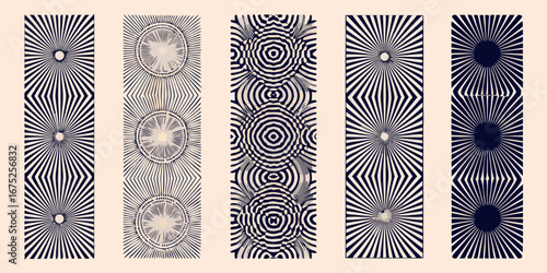 Abstract geometric patterns with radial and circular designs in dark blue and beige tones