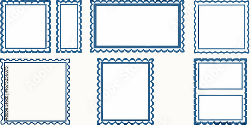 Collection of six decorative blue scalloped borders and frames in various sizes and orientations